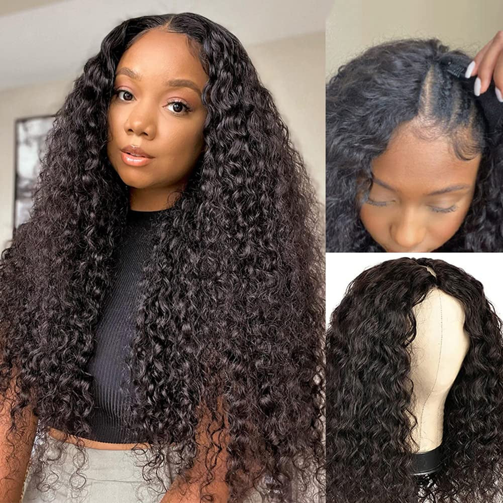 18 Inch Water Wave V Part Wig, Human Hair, No Leave Out, Brazilian Glueless Curly Wave Upgrade U Part Wigs for Black Women, 180% Density Natural Color