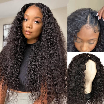 18 Inch Water Wave V Part Wig, Human Hair, No Leave Out, Brazilian Glueless Curly Wave Upgrade U Part Wigs for Black Women, 180% Density Natural Color