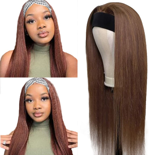 16 Inch #4 Chocolate Brown Straight Headband Wig Human Hair Machine Made Headband Wig Grade 8A Glueless Brazilian Remy Hair Wig 150% Density No Lace Wig Human Hair