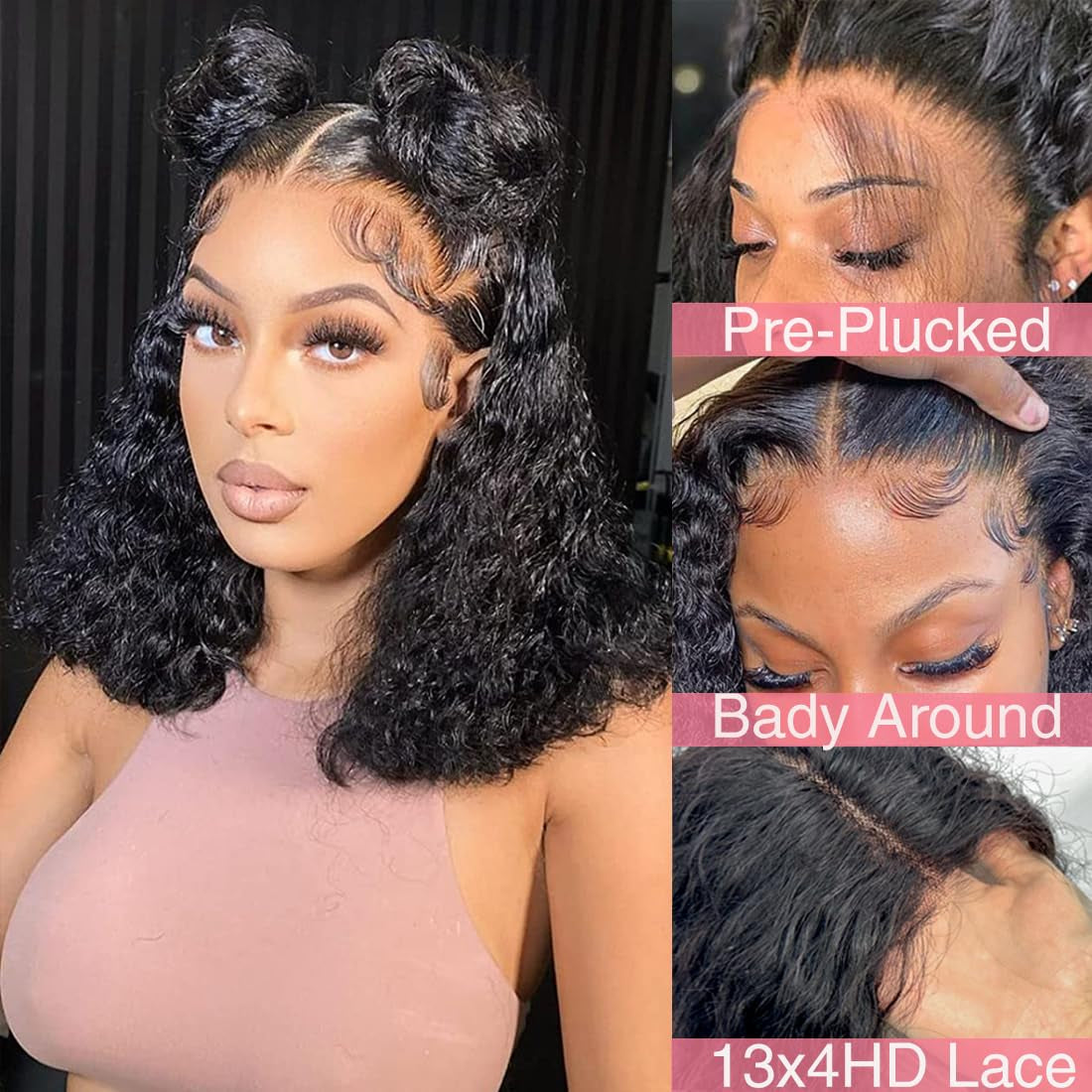 16 Inch Short Deep Curly Lace Front Wigs Human Hair 13X4 HD Transparent 180% Density Pre Plucked Baby Hair Curly Bob Human Hair Wigs Natural Black