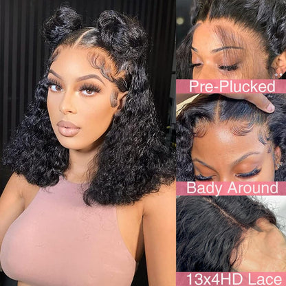 16 Inch Short Deep Curly Lace Front Wigs Human Hair 13X4 HD Transparent 180% Density Pre Plucked Baby Hair Curly Bob Human Hair Wigs Natural Black
