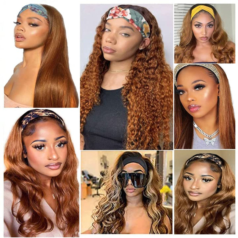 #30 Brown Headband Wig Human Hair Machine Made Curly Wave Headband Wig for Black Women 150% Density None Lace Wig Brazilian Virgin Hair Grade 8A Reddish Brown Headband Wig Human Hair 30 Inch