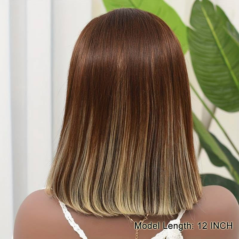 #4/613 Balayage Wig Human Hair Blonde Short Bob Wigs Human Hair 13X4 Straight HD Transparent Lace Front Bob Human Hair Wigs Ombre Color 180% Density 8 Inch
