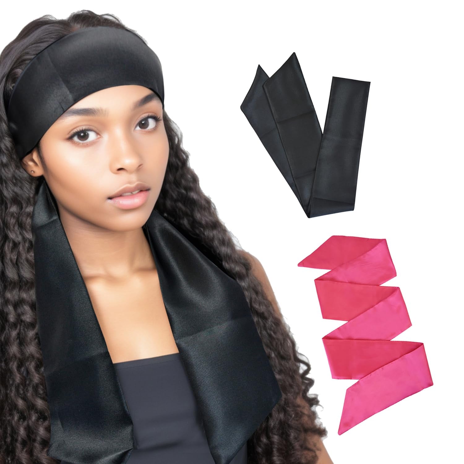 2 Pcs Satin Head Wrap Wig Grip Band Fashion Headbands for Laying Lace Frontal Wigs Satin Scarf for Yoga, Makeup, Facial, Sport (1 Pc Pink, 1 Pc Black)
