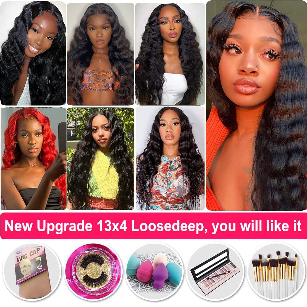 13X4 Loose Deep Wave Curly Lace Front Wigs Human Hair Pre Plucked with Baby Hair 180% Density Curly Lace Front Wig 10A Wigs for Black Women Glueless Wig 24Inch, Natural Color
