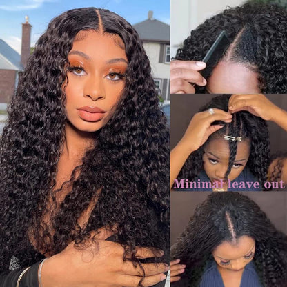 18 Inch Water Wave V Part Wig, Human Hair, No Leave Out, Brazilian Glueless Curly Wave Upgrade U Part Wigs for Black Women, 180% Density Natural Color