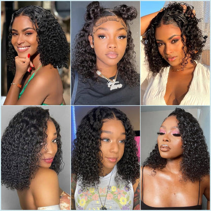 16 Inch Short Deep Curly Lace Front Wigs Human Hair 13X4 HD Transparent 180% Density Pre Plucked Baby Hair Curly Bob Human Hair Wigs Natural Black