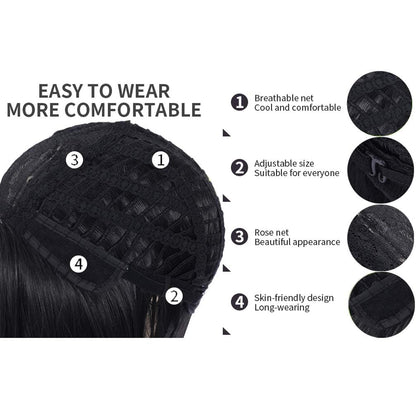 12 Inches Black Wig Short Straight Bob Wig Black Bob Wigs Heat Resistant Synthetic Wigs Hairnet Include