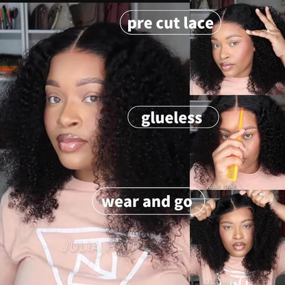 12A Bye Bye Knots Glueless Wig Kinky Curly 7X5 Pre Cut Lace Front Wigs Invisible Knots Virgin Human Hair HD Lace Frontal Pre Bleached Wig 180% Density 26 Inch