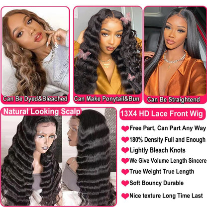 13X4 Loose Deep Wave Curly Lace Front Wigs Human Hair Pre Plucked with Baby Hair 180% Density Curly Lace Front Wig 10A Wigs for Black Women Glueless Wig 24Inch, Natural Color