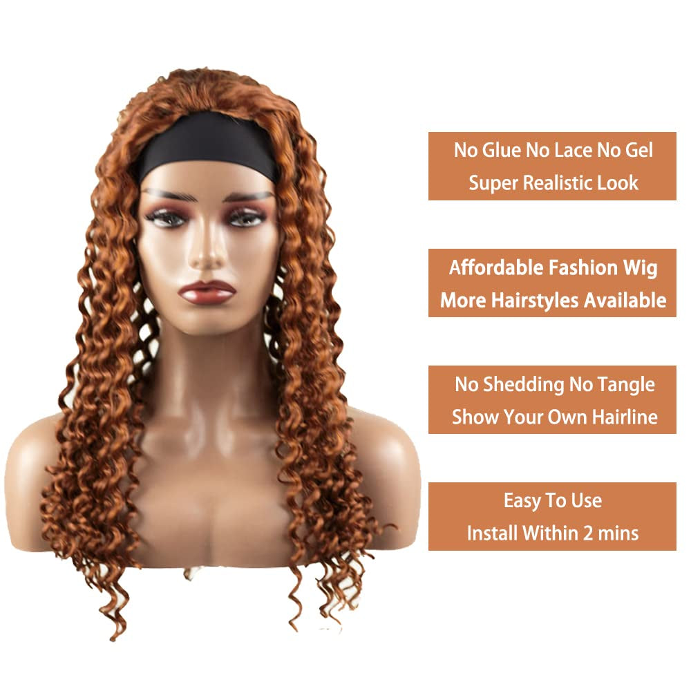#30 Brown Headband Wig Human Hair Machine Made Curly Wave Headband Wig for Black Women 150% Density None Lace Wig Brazilian Virgin Hair Grade 8A Reddish Brown Headband Wig Human Hair 30 Inch