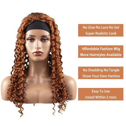 #30 Brown Headband Wig Human Hair Machine Made Curly Wave Headband Wig for Black Women 150% Density None Lace Wig Brazilian Virgin Hair Grade 8A Reddish Brown Headband Wig Human Hair 30 Inch