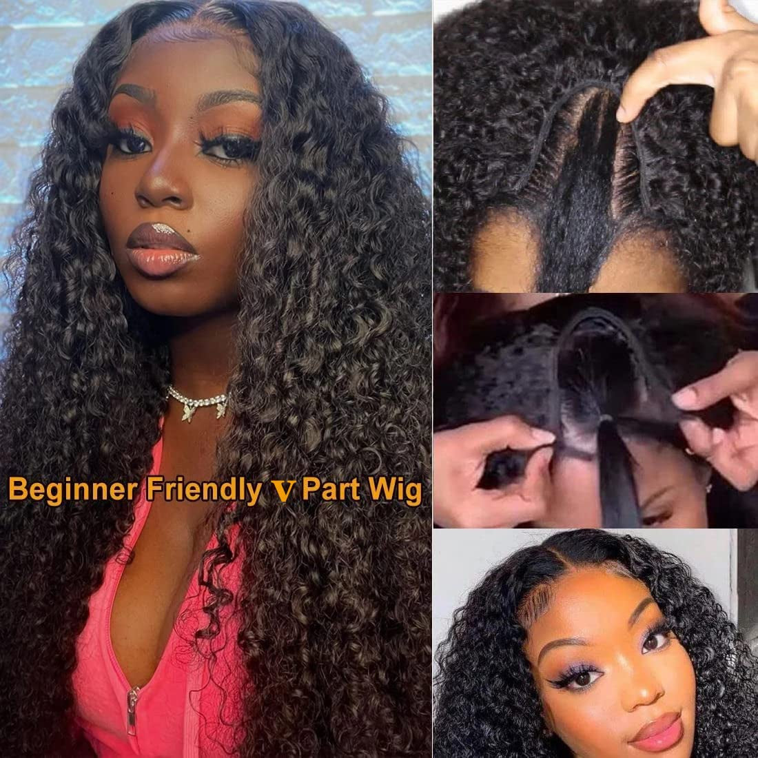 18 Inch Water Wave V Part Wig, Human Hair, No Leave Out, Brazilian Glueless Curly Wave Upgrade U Part Wigs for Black Women, 180% Density Natural Color