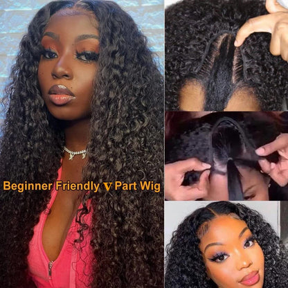 18 Inch Water Wave V Part Wig, Human Hair, No Leave Out, Brazilian Glueless Curly Wave Upgrade U Part Wigs for Black Women, 180% Density Natural Color