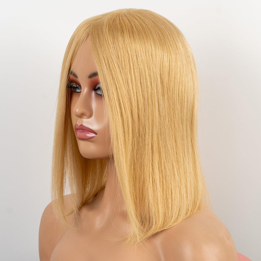 100% Human Hair None Lace Wigs,22.3 Inch Head Circumference Cap Size,Short Layered Glueless Human Hair Wigs for White Women (12 Inches, H26/613)