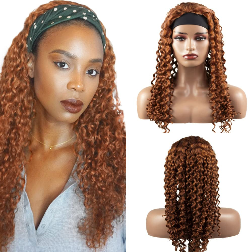 #30 Brown Headband Wig Human Hair Machine Made Curly Wave Headband Wig for Black Women 150% Density None Lace Wig Brazilian Virgin Hair Grade 8A Reddish Brown Headband Wig Human Hair 30 Inch