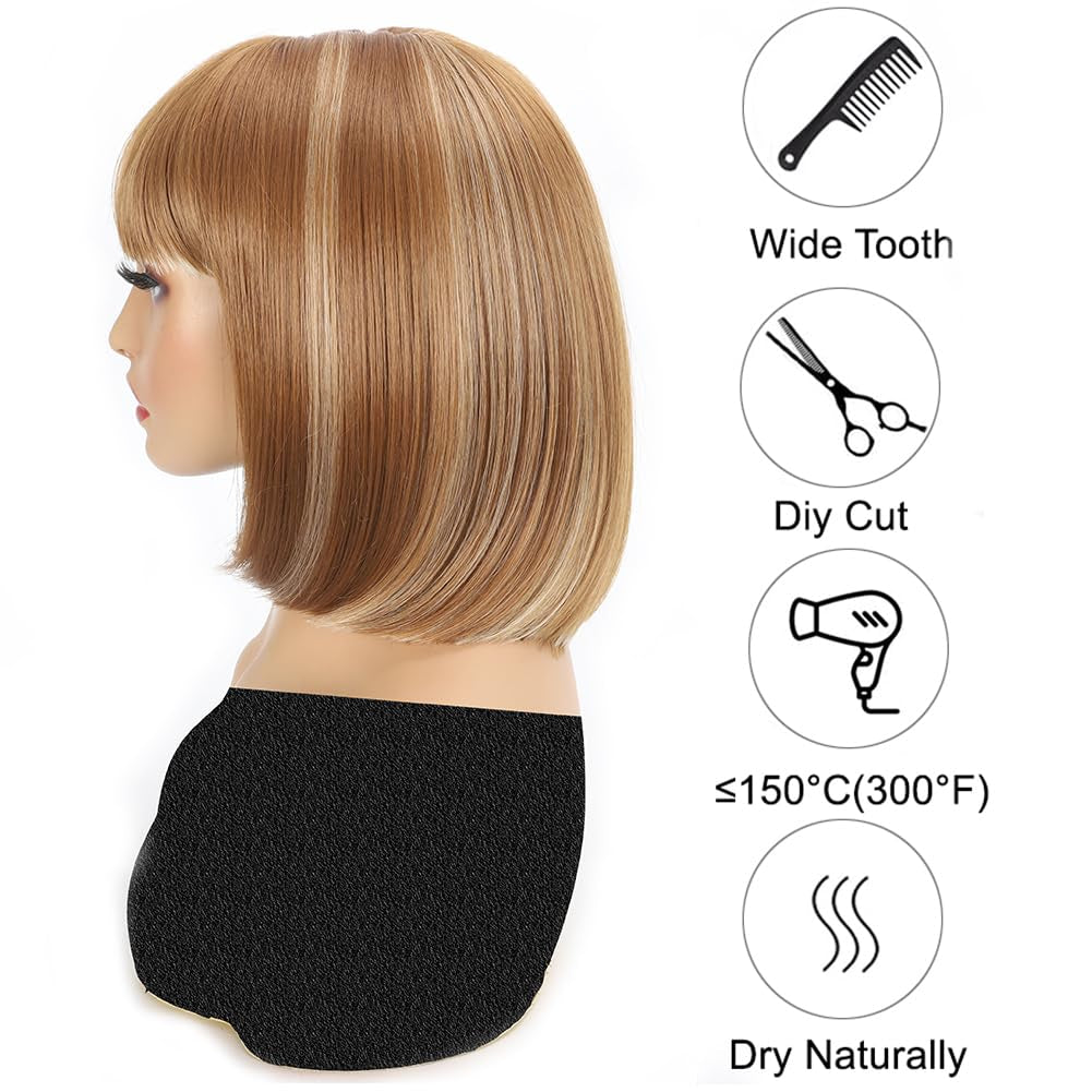 12 Inch Short Bob Wigs with Bangs Straight Bob Wigs for Women Synthetic Bob Wigs Natural Looking for Daily Party Cosplay (12Inch, 27/613)