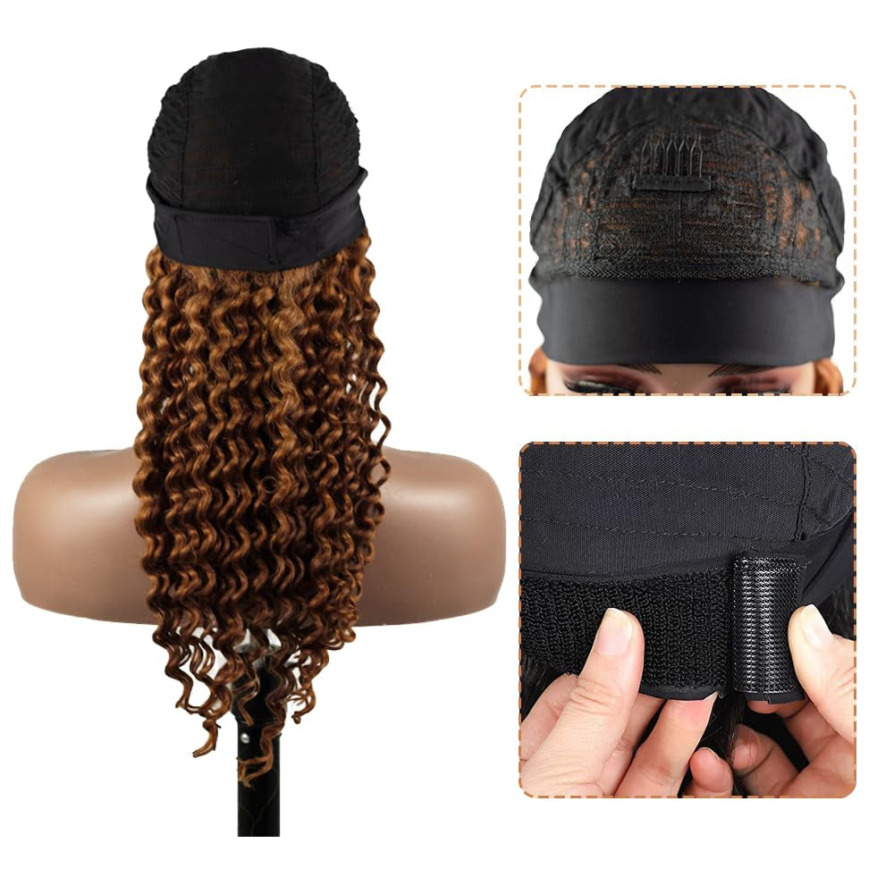 #30 Brown Headband Wig Human Hair Machine Made Curly Wave Headband Wig for Black Women 150% Density None Lace Wig Brazilian Virgin Hair Grade 8A Reddish Brown Headband Wig Human Hair 30 Inch