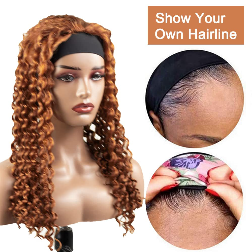 #30 Brown Headband Wig Human Hair Machine Made Curly Wave Headband Wig for Black Women 150% Density None Lace Wig Brazilian Virgin Hair Grade 8A Reddish Brown Headband Wig Human Hair 30 Inch