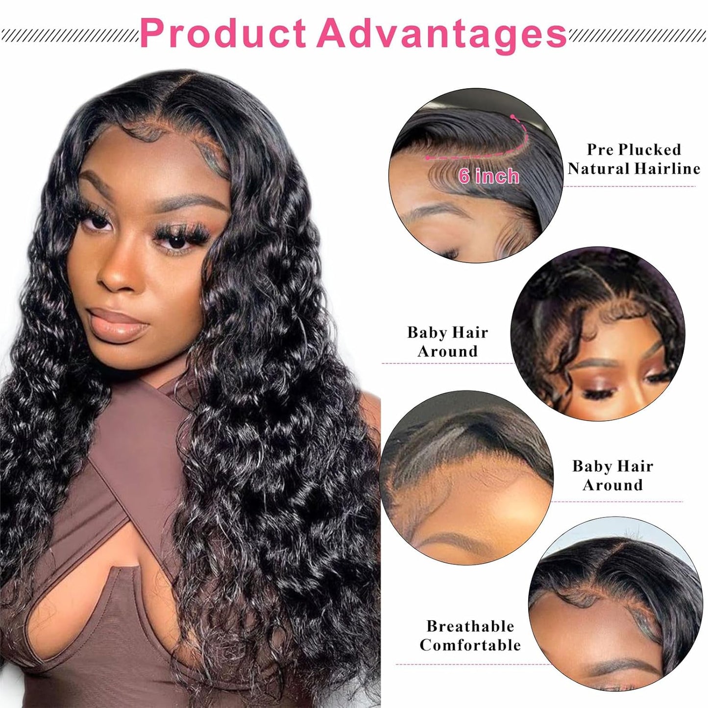 13X6 Deep Wave Lace Front Wigs Human Hair Deep Wave Hd Lace Frontal Wigs for Black Women Glueless Curly Lace Front Wig Pre Plucked with Baby Hair 180% Density Natural Color 26Inch