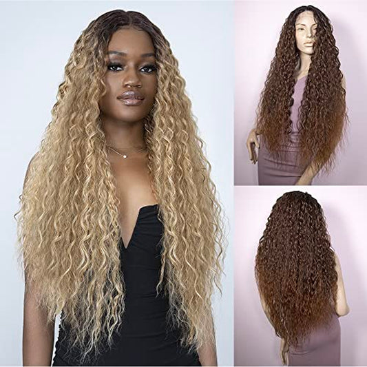 X-LONG LACE CYGNUS WIG - Water Curl Style - Transparent Swiss Lace - Synthetic Human Hair Blend - 180% Density, CARAMEL