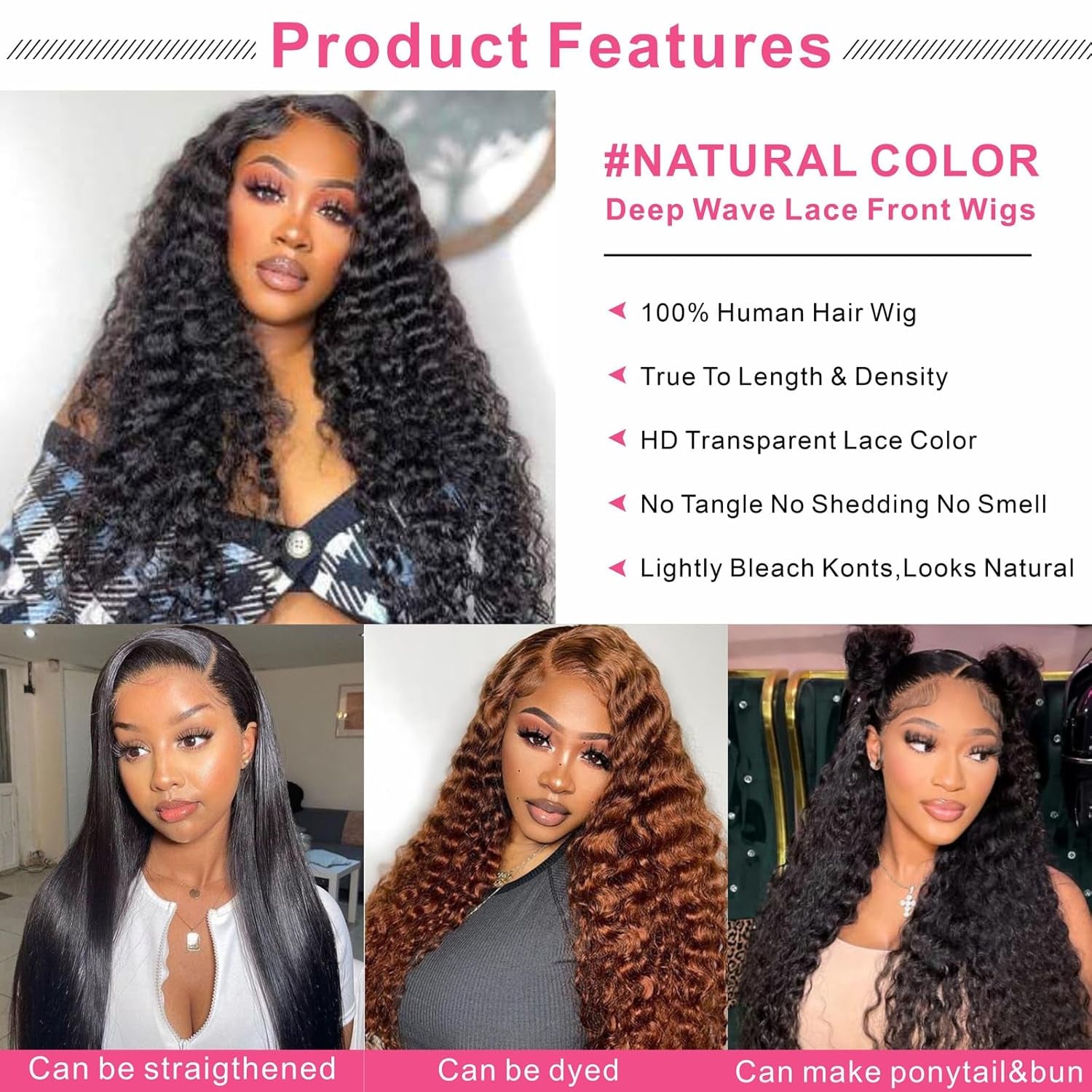 13X6 Deep Wave Lace Front Wigs Human Hair Deep Wave Hd Lace Frontal Wigs for Black Women Glueless Curly Lace Front Wig Pre Plucked with Baby Hair 180% Density Natural Color 26Inch