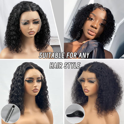16 Inch Short Deep Curly Lace Front Wigs Human Hair 13X4 HD Transparent 180% Density Pre Plucked Baby Hair Curly Bob Human Hair Wigs Natural Black