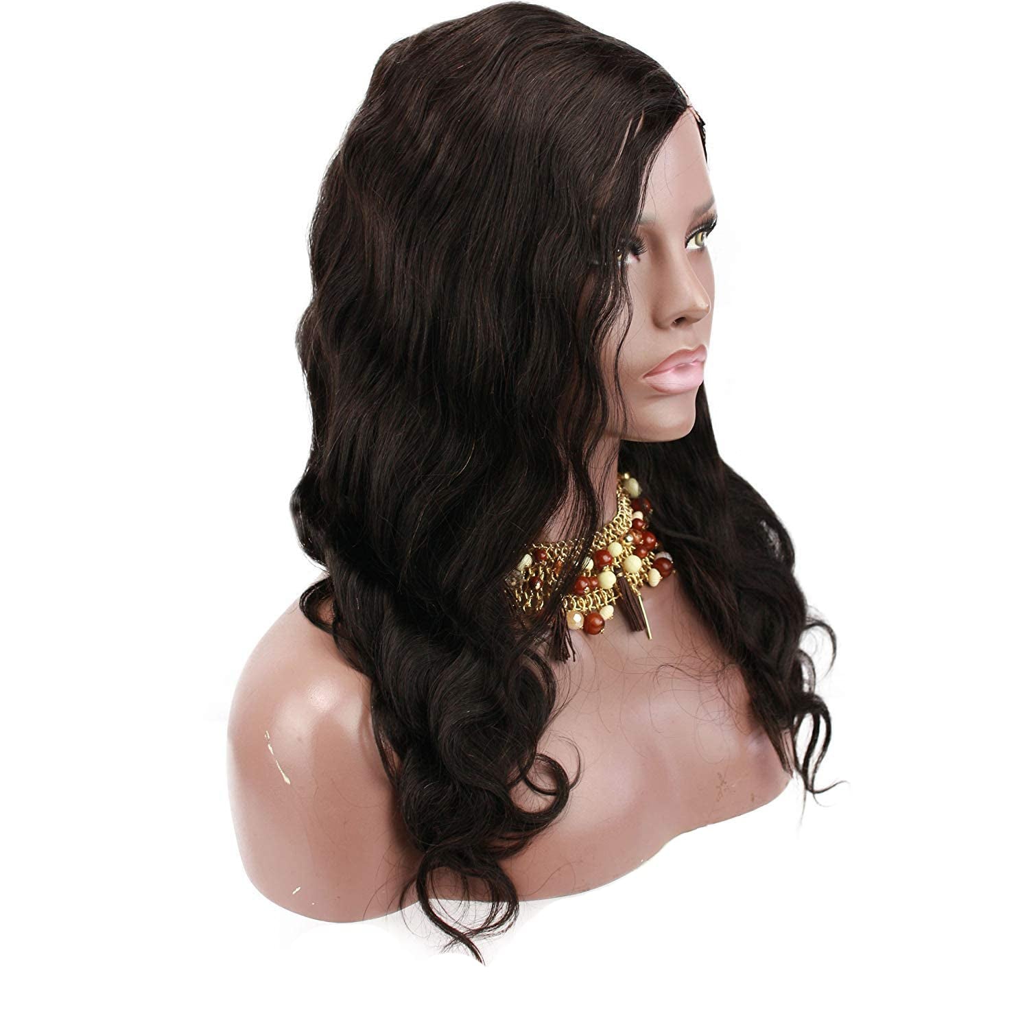 100% Virgin Brazilian Human Hair Left U Part Wigs Wavy with Side Bangs 180% Density Natural Black Color 16Inch