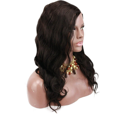 100% Virgin Brazilian Human Hair Left U Part Wigs Wavy with Side Bangs 180% Density Natural Black Color 16Inch
