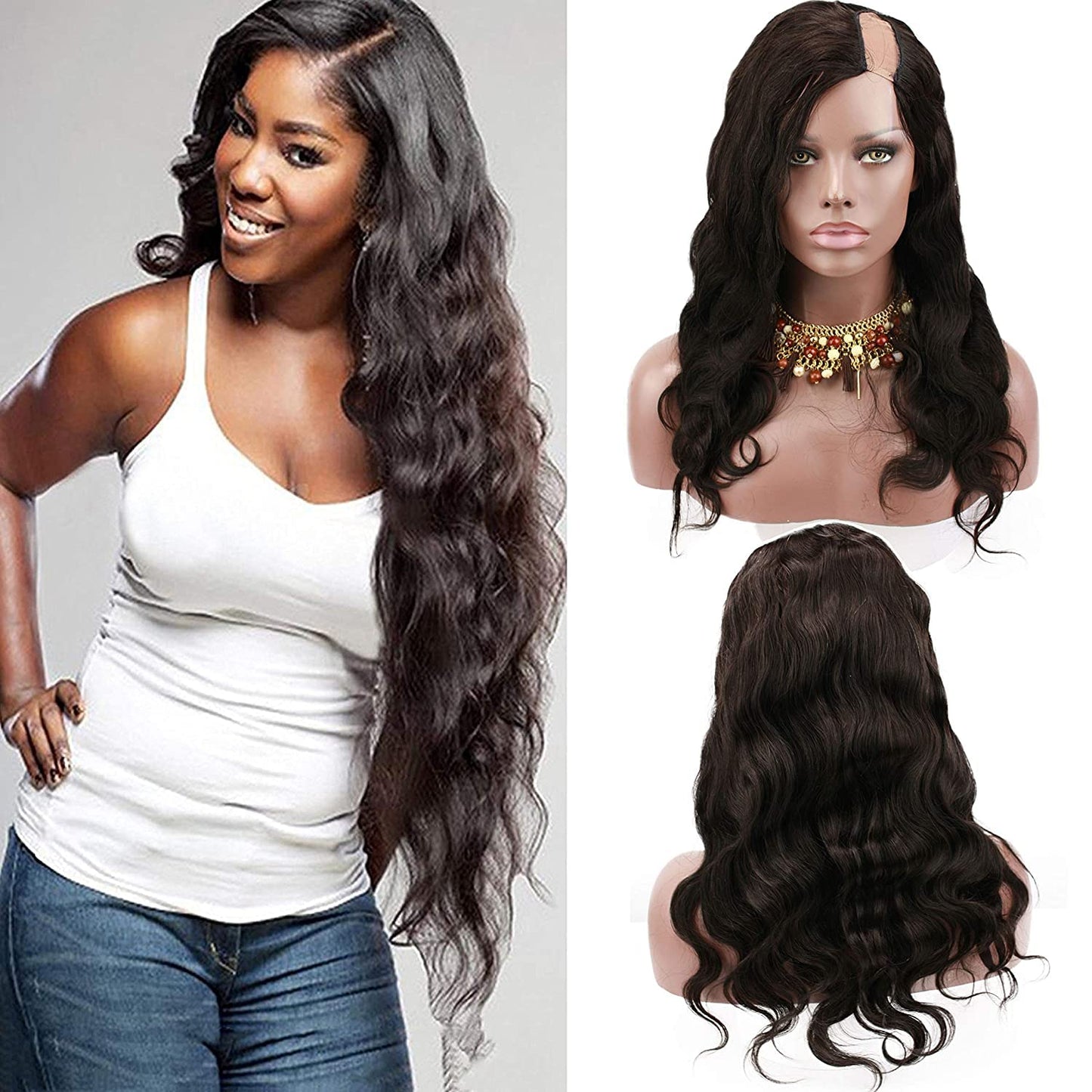 100% Virgin Brazilian Human Hair Left U Part Wigs Wavy with Side Bangs 180% Density Natural Black Color 16Inch