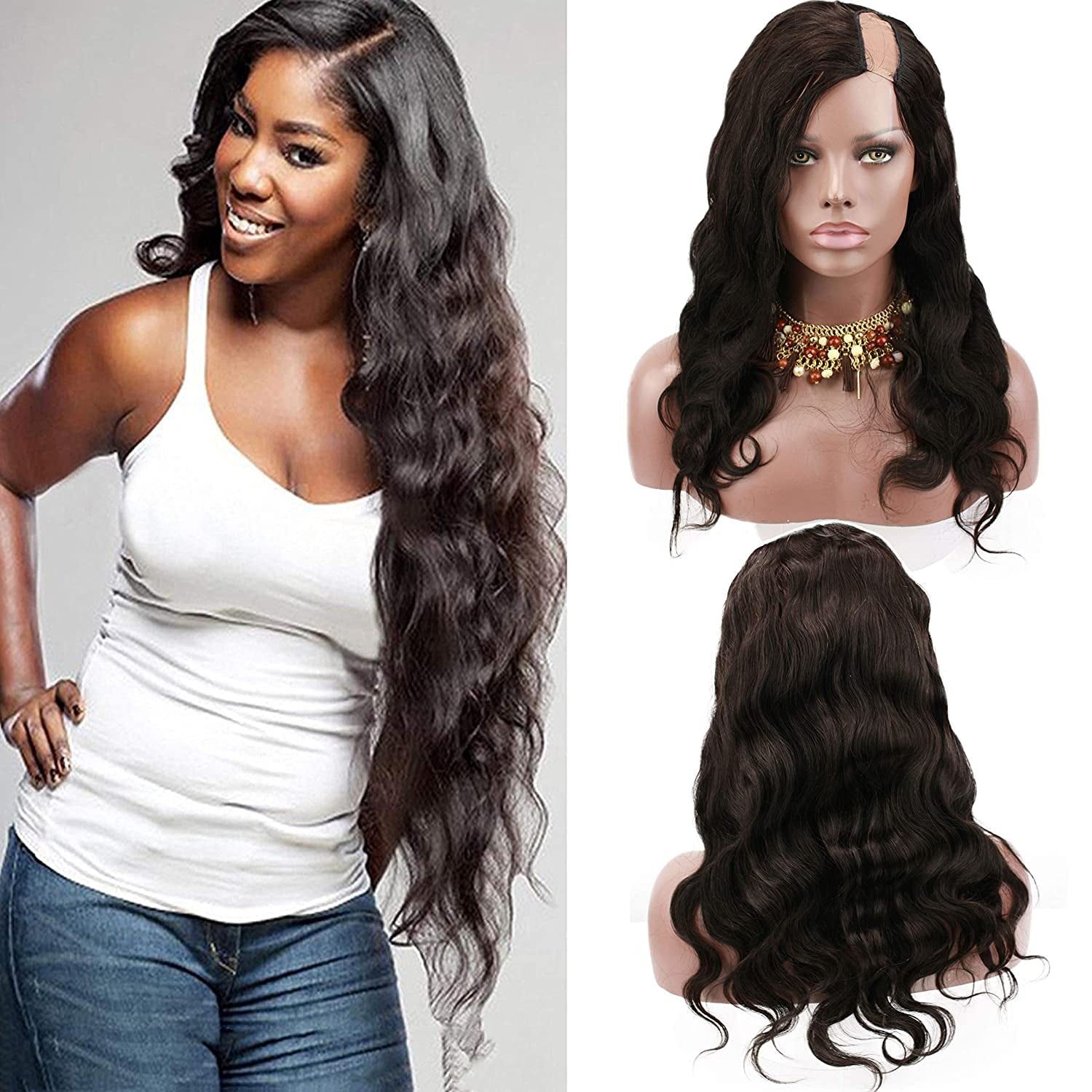 100% Virgin Brazilian Human Hair Left U Part Wigs Wavy with Side Bangs 180% Density Natural Black Color 16Inch