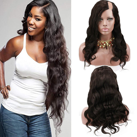 100% Virgin Brazilian Human Hair Left U Part Wigs Wavy with Side Bangs 180% Density Natural Black Color 16Inch