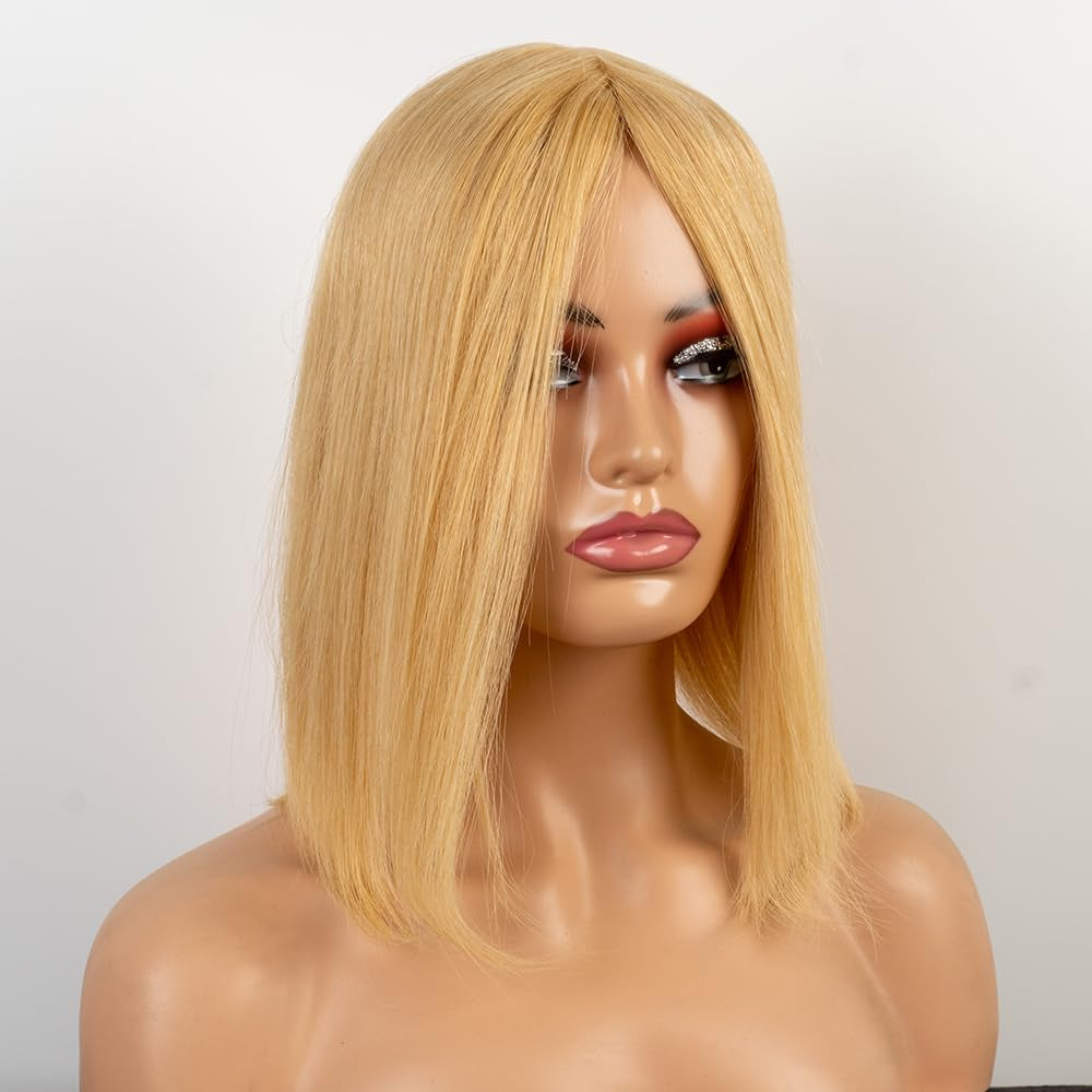 100% Human Hair None Lace Wigs,22.3 Inch Head Circumference Cap Size,Short Layered Glueless Human Hair Wigs for White Women (12 Inches, H26/613)