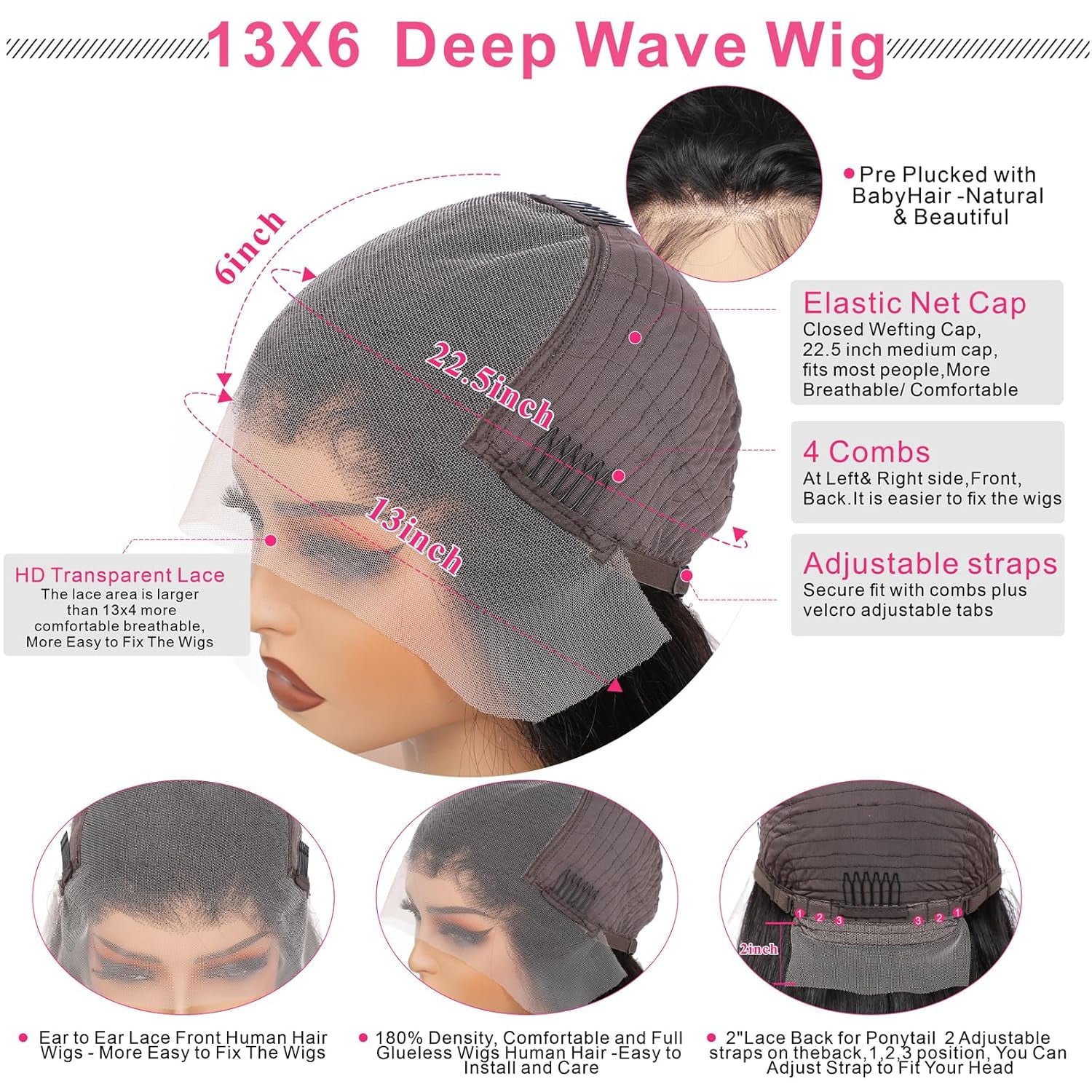 13X6 Deep Wave Lace Front Wigs Human Hair Deep Wave Hd Lace Frontal Wigs for Black Women Glueless Curly Lace Front Wig Pre Plucked with Baby Hair 180% Density Natural Color 26Inch