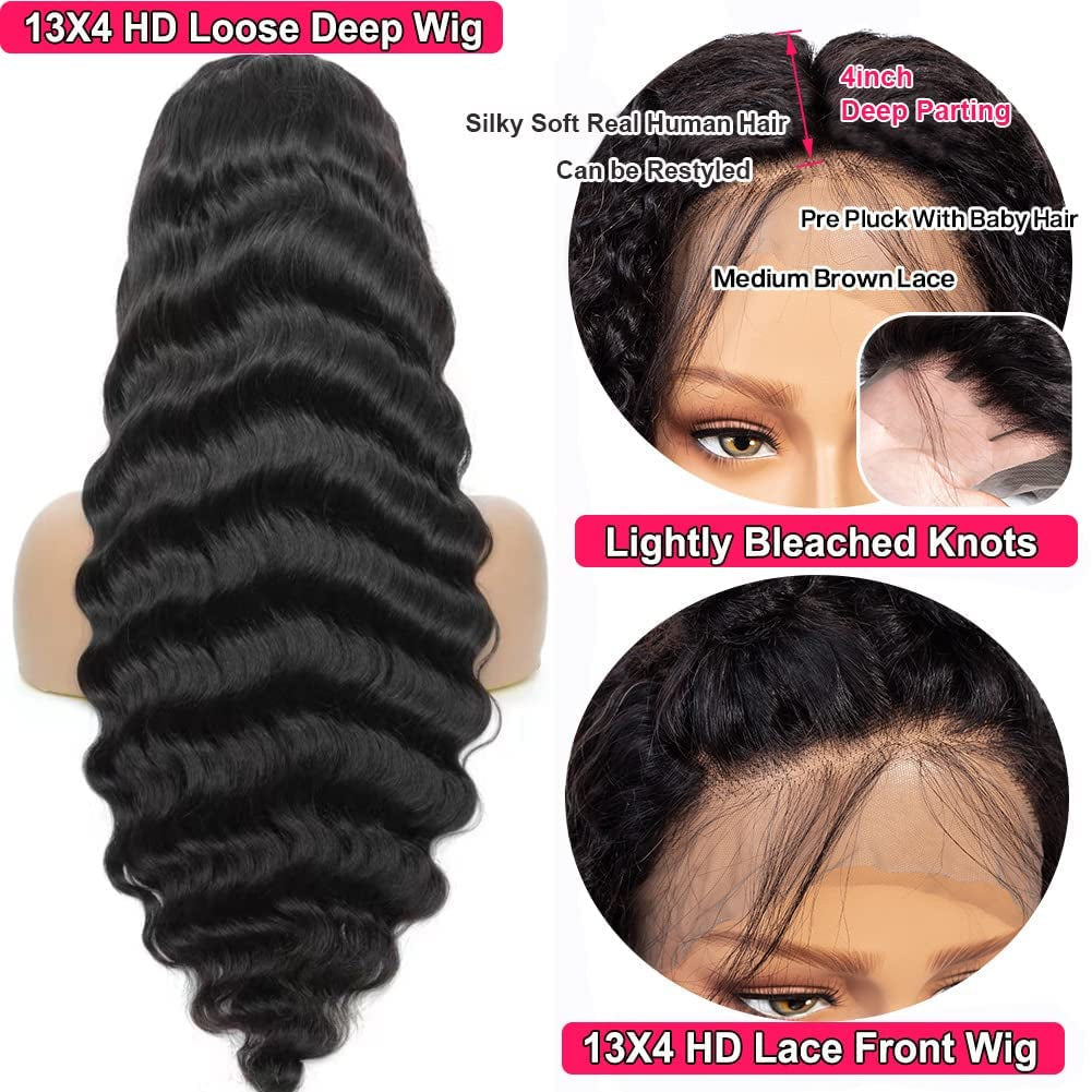 13X4 Loose Deep Wave Curly Lace Front Wigs Human Hair Pre Plucked with Baby Hair 180% Density Curly Lace Front Wig 10A Wigs for Black Women Glueless Wig 24Inch, Natural Color