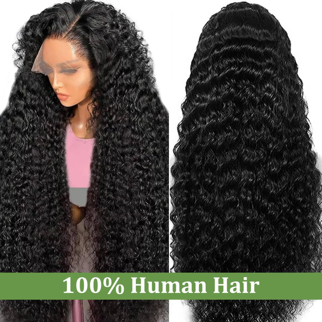 13X6 Deep Wave Lace Front Wigs Human Hair 200% Density 24 Inch Curly Human Hair Wig for Women Natural Black HD Transparent Lace Glueless Frontal Wigs Pre Plucked Natural Color