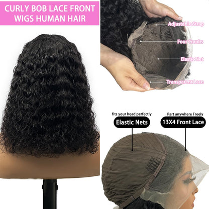 16 Inch Short Deep Curly Lace Front Wigs Human Hair 13X4 HD Transparent 180% Density Pre Plucked Baby Hair Curly Bob Human Hair Wigs Natural Black