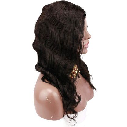 100% Virgin Brazilian Human Hair Left U Part Wigs Wavy with Side Bangs 180% Density Natural Black Color 16Inch