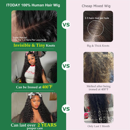 13X6 Deep Wave Lace Front Wigs Human Hair 200% Density 24 Inch Curly Human Hair Wig for Women Natural Black HD Transparent Lace Glueless Frontal Wigs Pre Plucked Natural Color