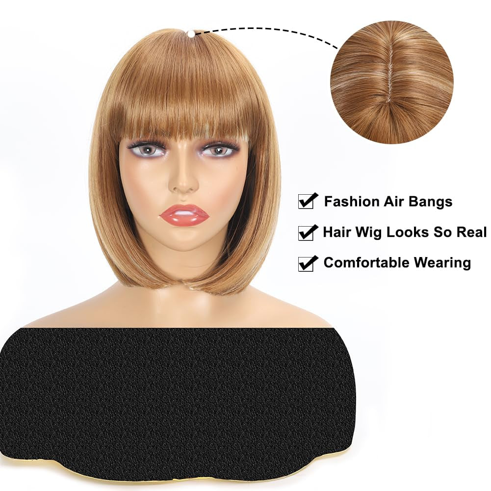 12 Inch Short Bob Wigs with Bangs Straight Bob Wigs for Women Synthetic Bob Wigs Natural Looking for Daily Party Cosplay (12Inch, 27/613)