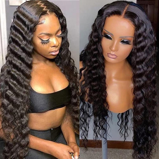 13X6 HD Lace Front Wigs Human Hair Pre Plucked Deep Curly Wave Brazilian Virgin Wigs with Baby Hair for Black Women Natural Black Color 180% Density 20 Inch