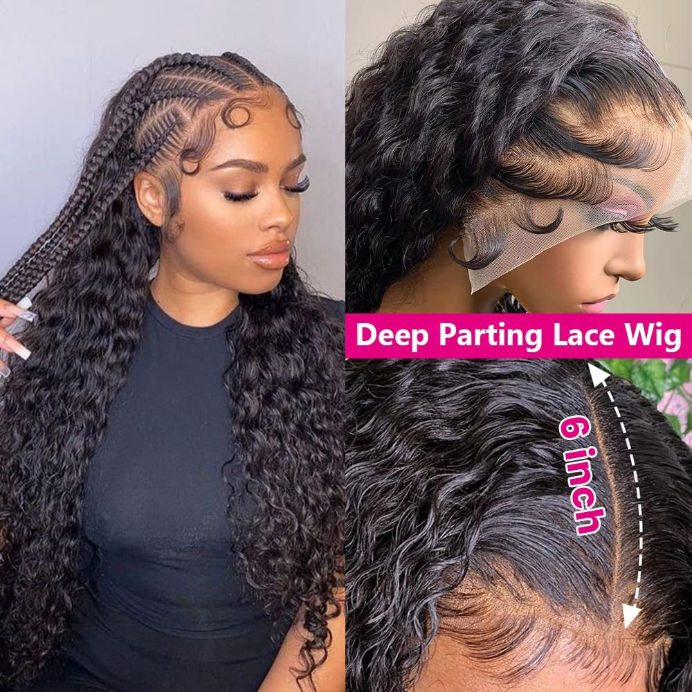 13X6 Deep Wave Lace Front Wigs Human Hair Pre Plucked Frontal Curly Wig Wet N Wavy Natural Hairline with Baby Hair 200% Density HD Lace Front Wigs Human Hair 24 Inch