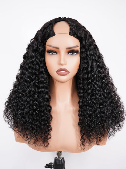 18 Inch Water Wave V Part Wig, Human Hair, No Leave Out, Brazilian Glueless Curly Wave Upgrade U Part Wigs for Black Women, 180% Density Natural Color