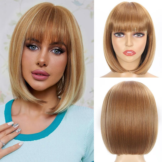 12 Inch Short Bob Wigs with Bangs Straight Bob Wigs for Women Synthetic Bob Wigs Natural Looking for Daily Party Cosplay (12Inch, 27/613)