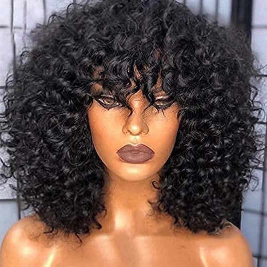 200 Density Scalp Top Curly Full Machine Made Human Hair Curly Wigs with Bangs Remy Brazilian Short Curly Wig for Women 18 Inch