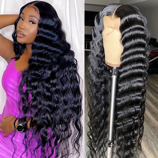 13X4 Loose Deep Wave Curly Lace Front Wigs Human Hair Pre Plucked with Baby Hair 180% Density Curly Lace Front Wig 10A Wigs for Black Women Glueless Wig 24Inch, Natural Color