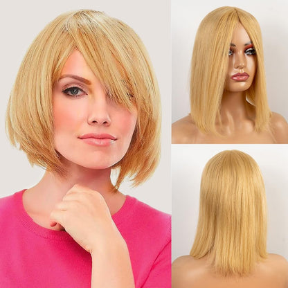 100% Human Hair None Lace Wigs,22.3 Inch Head Circumference Cap Size,Short Layered Glueless Human Hair Wigs for White Women (12 Inches, H26/613)