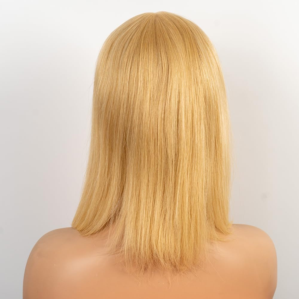 100% Human Hair None Lace Wigs,22.3 Inch Head Circumference Cap Size,Short Layered Glueless Human Hair Wigs for White Women (12 Inches, H26/613)