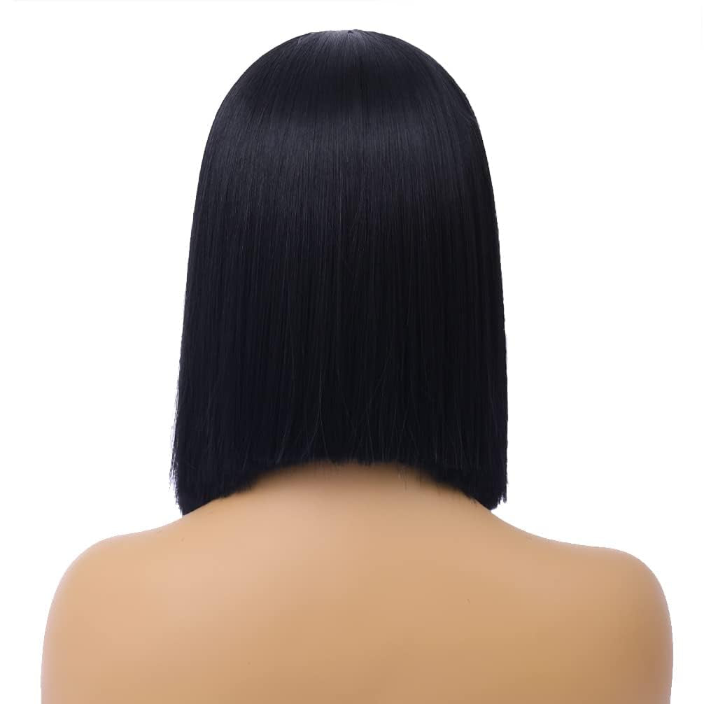 12 Inches Black Wig Short Straight Bob Wig Black Bob Wigs Heat Resistant Synthetic Wigs Hairnet Include
