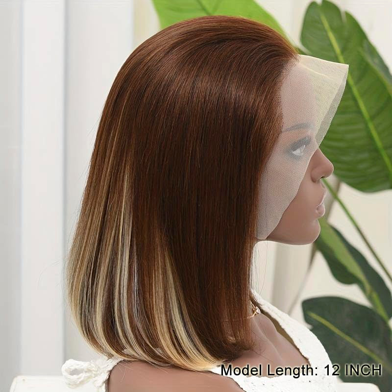 #4/613 Balayage Wig Human Hair Blonde Short Bob Wigs Human Hair 13X4 Straight HD Transparent Lace Front Bob Human Hair Wigs Ombre Color 180% Density 8 Inch
